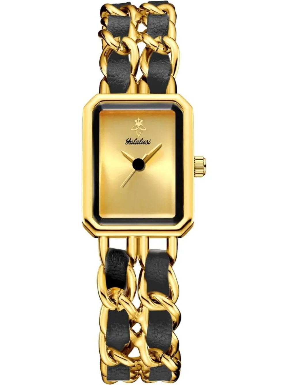 Women's Gold Black Square Adjustable Chain Braid Band Quartz Retro Dress Watch